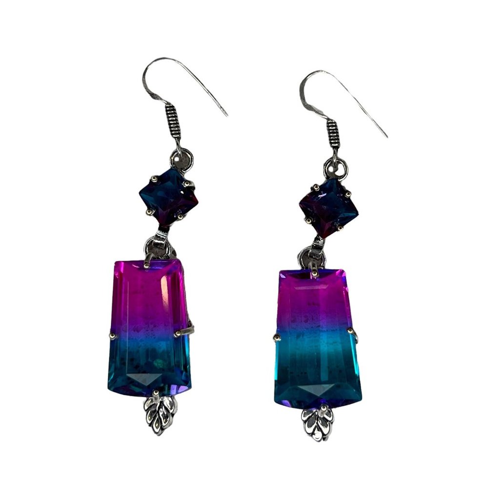 Two-color Touramline & Silver Earrings - Blue Aquamarine & Pink